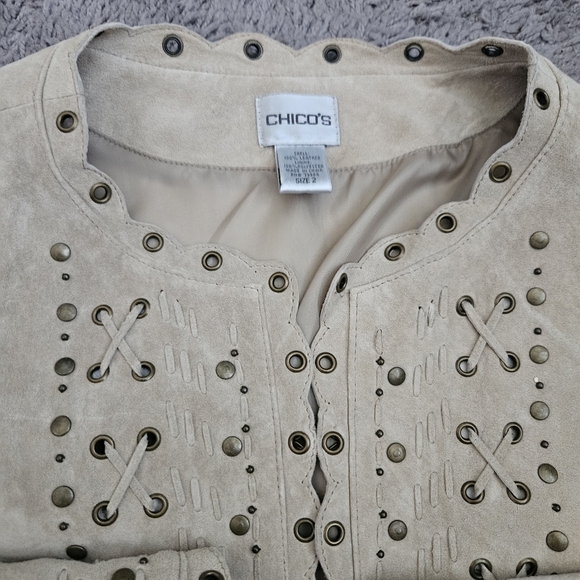 Chicos Suede Leather Jacket Size 2 Beige/Tan Eyelet Braided Thread Studs Western - Picture 6 of 12